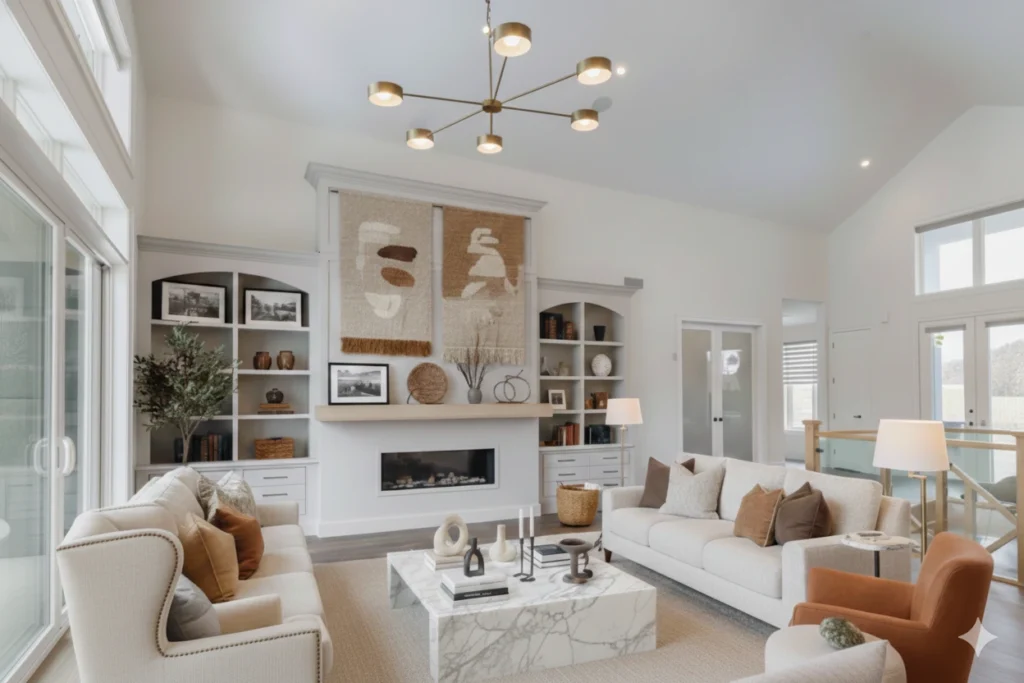 A warm, lived-in living room showcasing 2026 interior trends, featuring a curved sofa, layered earthy textiles, and curated open shelving. The space blends vintage wood furniture with modern organic shapes to create a cozy, personalized atmosphere