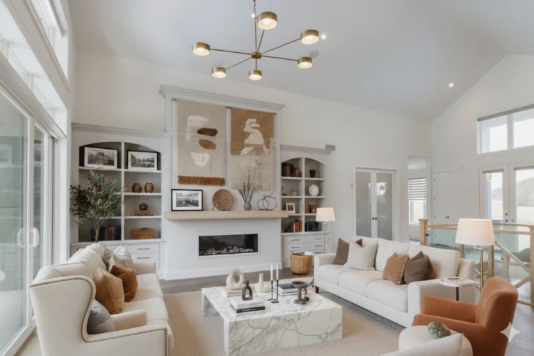 A warm, lived-in living room showcasing 2026 interior trends, featuring a curved sofa, layered earthy textiles, and curated open shelving. The space blends vintage wood furniture with modern organic shapes to create a cozy, personalized atmosphere